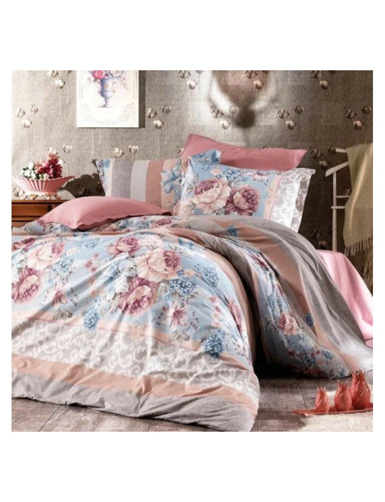 Lenjerie de Pat din Bumbac Model Floral, 1 persoana, 50X70, 150X200, 4 piese