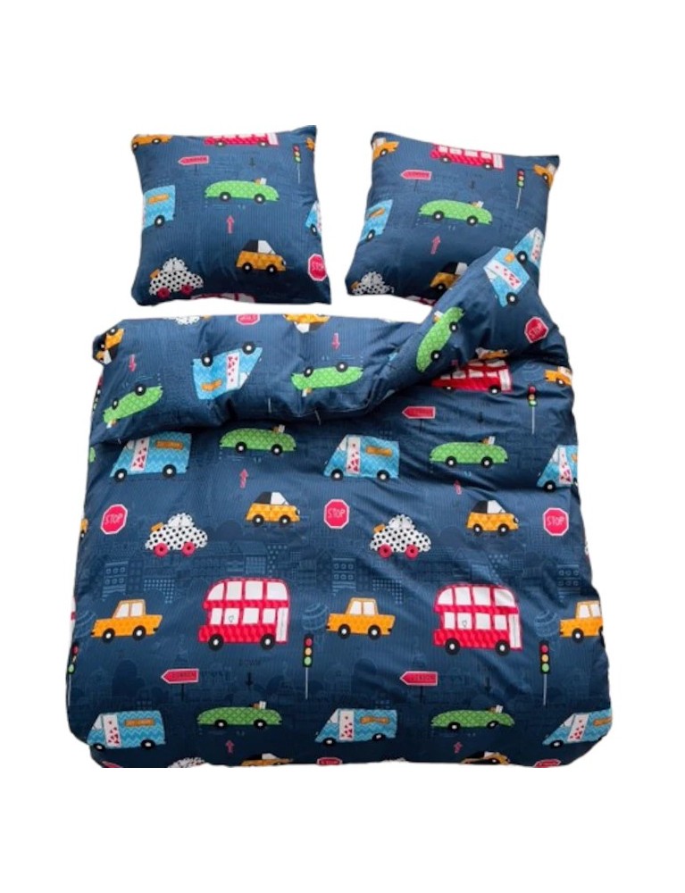 Lenjerie de pat 140x200 pentru copii, bumbac satinat fata-verso Model Masini