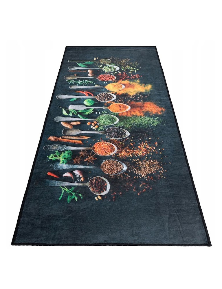 Covor de bucatarie, motiv de condimente, 50x120 cm, Negru