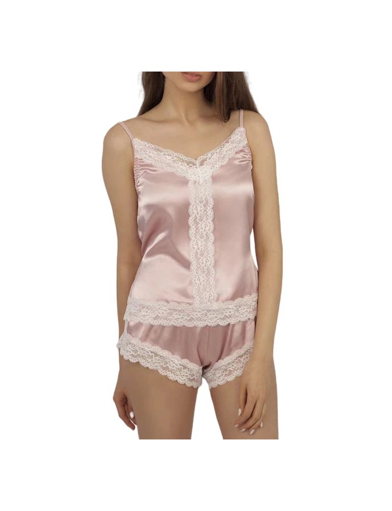 Set pijama doua piese cu insertii dantela, maiou si pantaloni scurti L-XL, Roz deschis