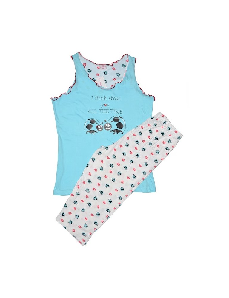 Pijamale dama, Bumbac, Roz, Alb/Albastru, L