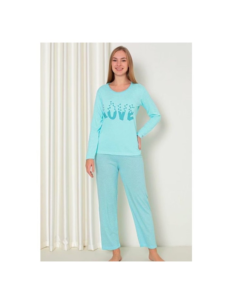 Pijama dama bumbac, pantaloni lungi Turcoaz marimea XL